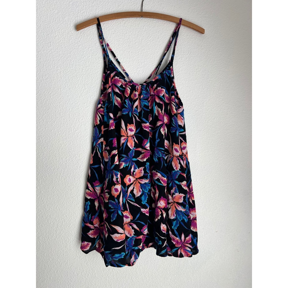 Roxy Floral Print Mini Dress Cami Straps V‎ Neck Black Blue Pink